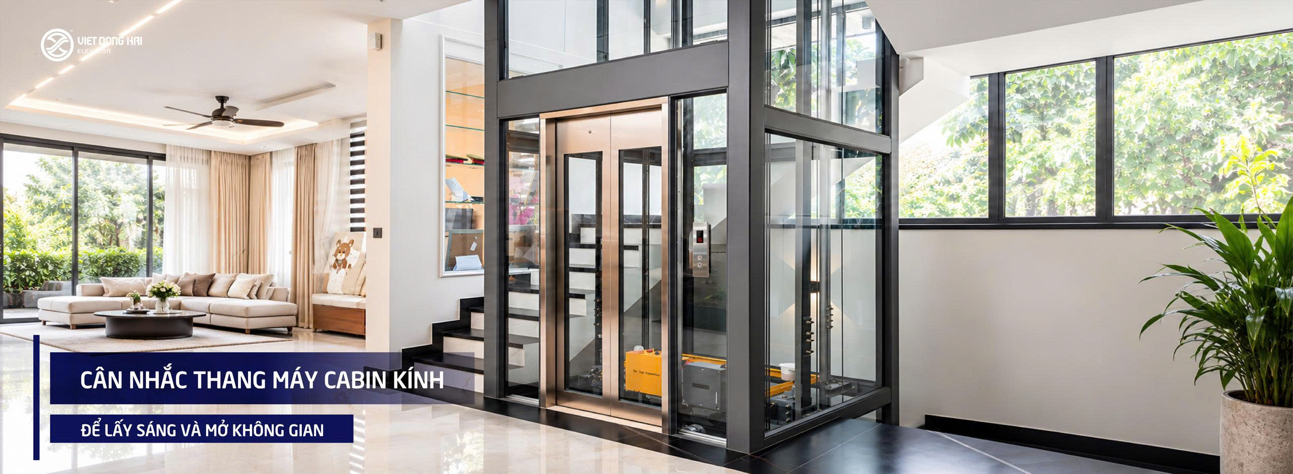 Cân nhắc thang máy cabin kính để lấy sáng và mở không gian