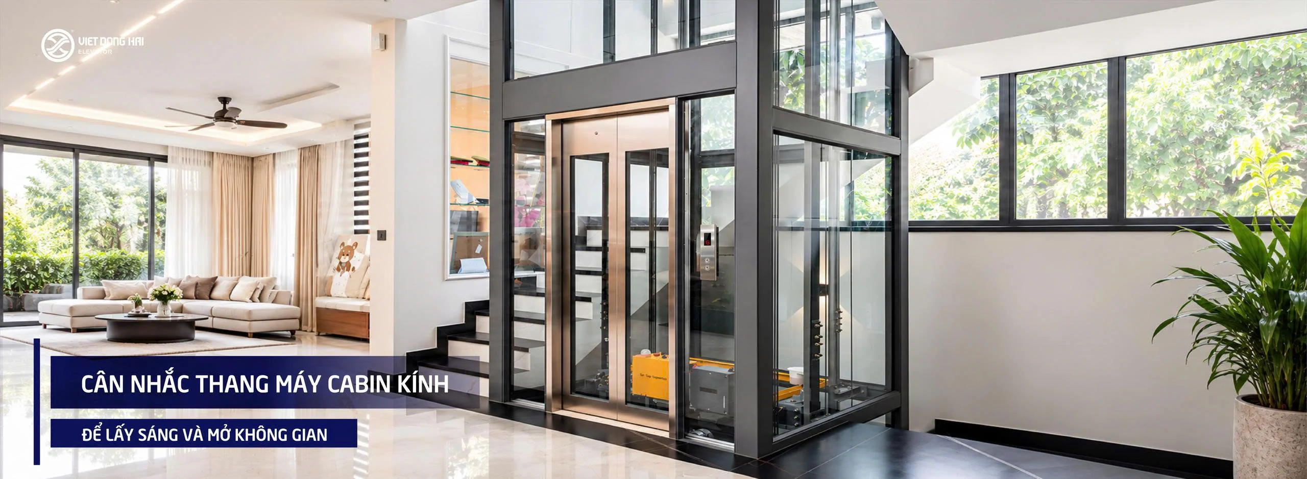 Cân nhắc thang máy cabin kính để lấy sáng và mở không gian